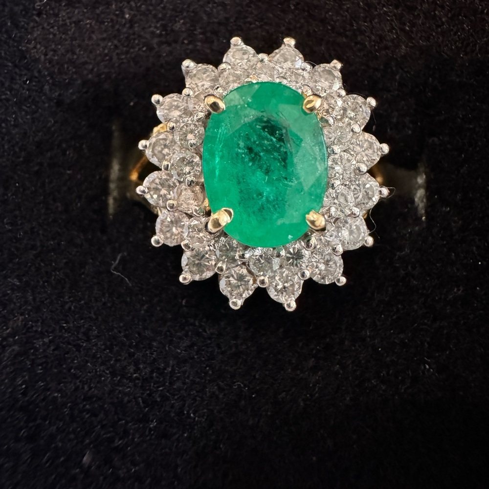 14K Yellow Gold Ring Natural Emerald With Diamonds
